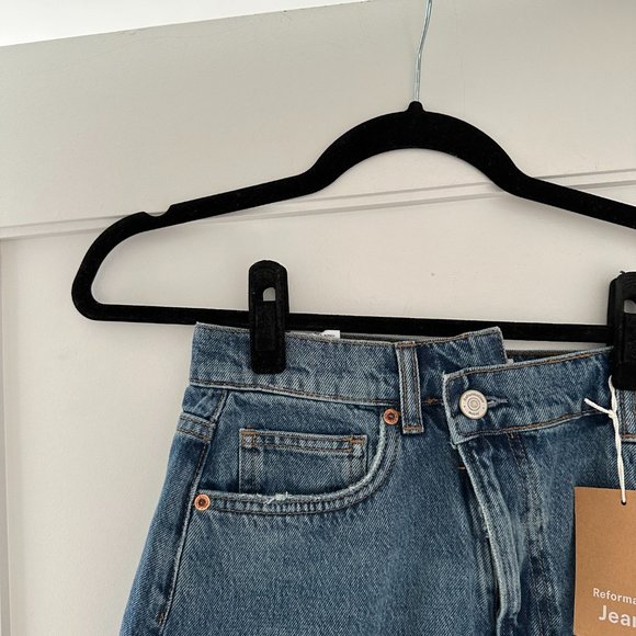 Reformation Jeans Ellie Asymmetric Denim Mini Skirt Raw Hem Size 27 - Picture 8 of 10